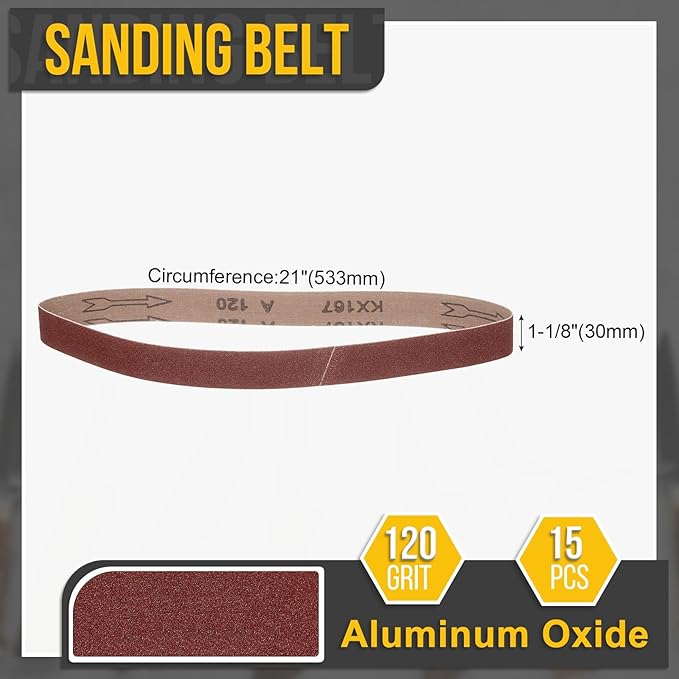 1-1/8 x 21 Inch Sanding Belt, 15 Pcs 120 Grit Knife Sharpener Belts Work Sharpening for Belt Sander Knife Carving Tool Metal Working