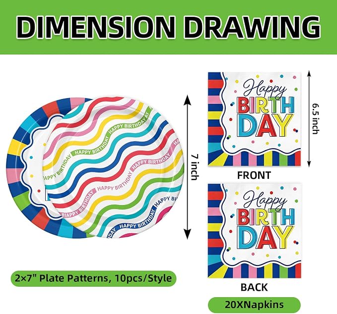 Colorful Happy Birthday Party Supplies, Vibrant Stripe Disposable Tableware - Image 2