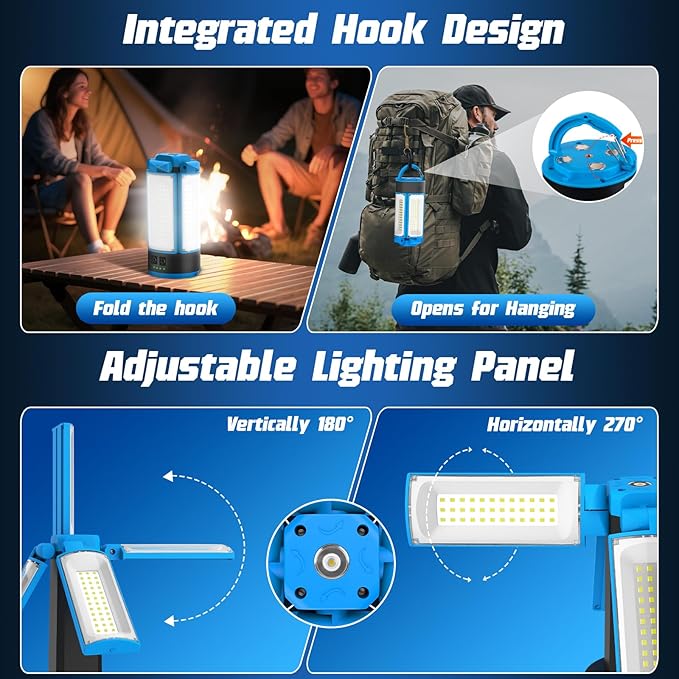 T-SUN Rechargeable Work Light with Stand, 6000K Camping Light with 4 LED Lamp Heads, 10400mAh Cordless Work Light for Job Sites, Emergency & Camping, Detachable Tripod & Storage Bag Included