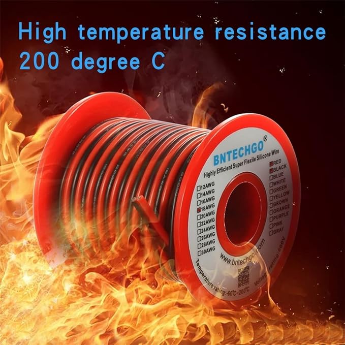 BNTECHGO 18 Gauge Flexible 2 Conductor Parallel Silicone Wire Spool Red Black High Resistant 200 deg C 600V for Single Color LED Strip Extension Cable Cord,Model,25ft Stranded Tinned Copper Wire