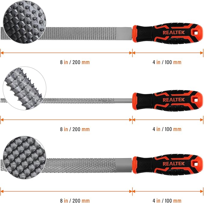 REALTEK 3-Piece 12" Wood Rasp File Set with 4" Longer Rubber Grip, T12 High Carbon Wood File Set for Woodworking, Flat/Half Round/Round Perfect Files for Wood Manual Cutting and Sharping