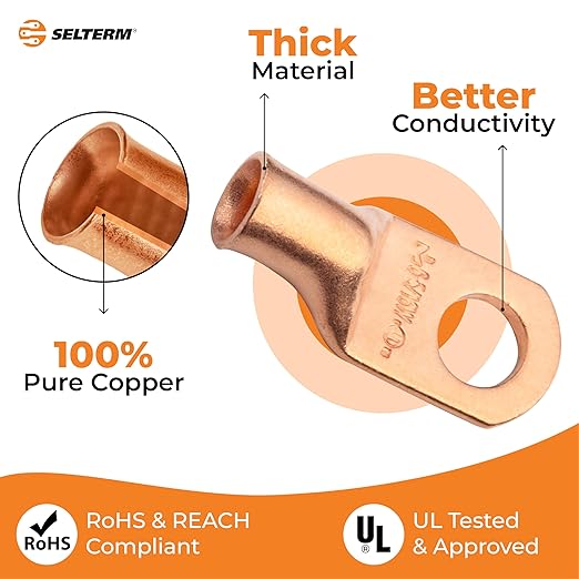 SELTERM 25pcs 6 AWG 5/16" Stud (Wide Pad) Battery Lugs, Ring Terminals, Heavy Duty Copper Wire Lugs, Battery Cable Ends, 6 Gauge Ring Terminal Connectors, UL Bare Copper Eyelets Battery Cable Lugs