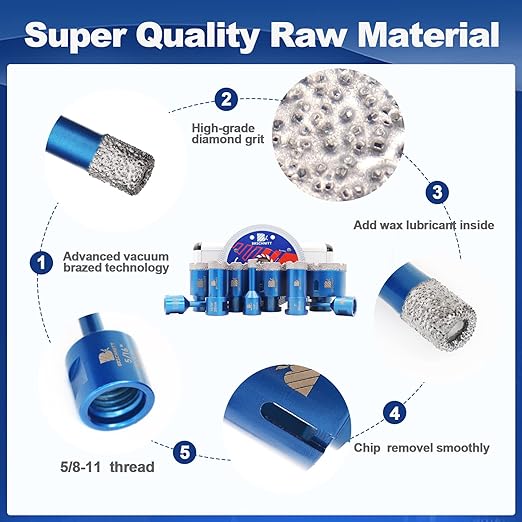 Diamond Core Drill Bit Set - for Porcelain Tile Ceramic Marble Granite Drilling,BRSCHNITT 1/4" 5/16" 3/8" 4/5" 1" 1-3/8" 1-1/2" 2" 2-1/2" Vacuum Brazed Diamond Hole Saw with 5/8-11 Thread