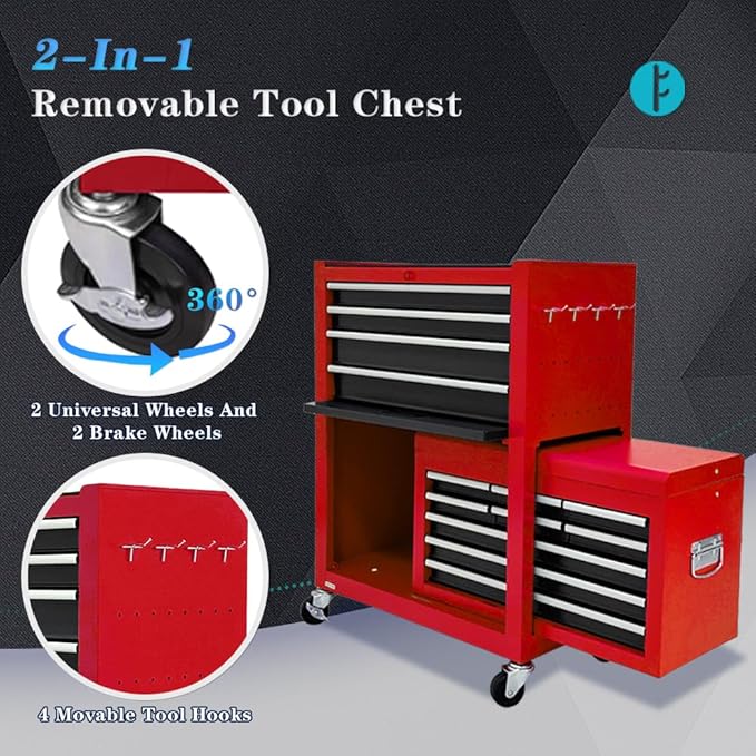 Rolling Tool Chest,13-drawer Tool Box Organizer with Wheels,Large Tool Storage Cabinet with Sliding Drawers,High Capacity Tool Chest with Locking System (Red＆Black)