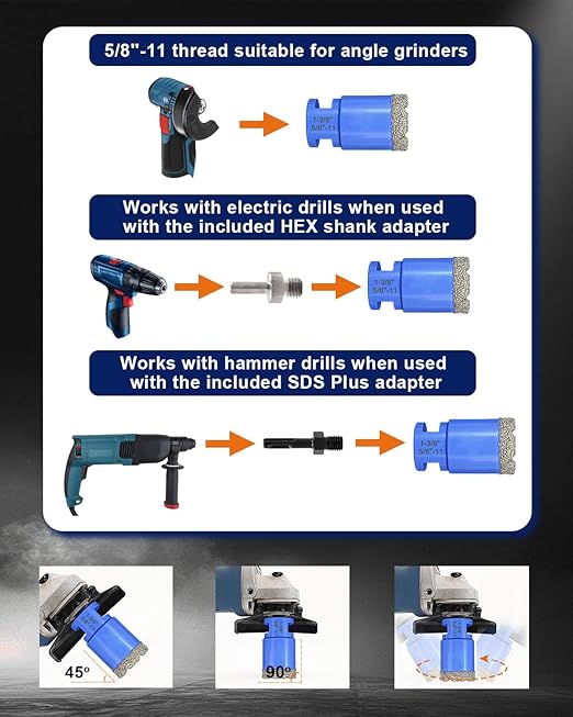 Diamond Tile Hole Saw Kit - 11Pcs 1/4'' X 2, 5/16'', 1'', 1-3/8'', 2'', 3'' Drill Bits, 4/5'' Drilling Milling Bit, 2'' Beveling Chamfer Bit, 2pcs Adapters for Porcelain Tile Ceramic Granite Marble