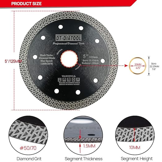 DT-DIATOOL 5 Inch Tile Cutting Blade Porcelain Ceramic Pack of 2 with Mesh Turbo Diamond Segment