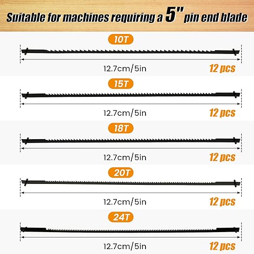 60Pcs Scroll Saw Blade Pin End 5inch Sturdy Carbon Steel Scroll Saw Blade Durable Cutting Pinned Scroll Saw Blades Set TPI 10/15/18/20/24 Replacement for Cutting Wood Plastic Metal US(60pcs)