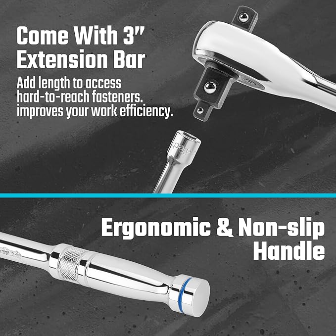 DURATECH Ratchet Set, 3-IN-1 Ratchet Handle, with 2 Extension Bars, 1/4", 3/8", 1/2" Drive Ratchet Wrench, 72-Tooth, Reversible Switch, Full-Polished Chrome Plating, Alloy Steel