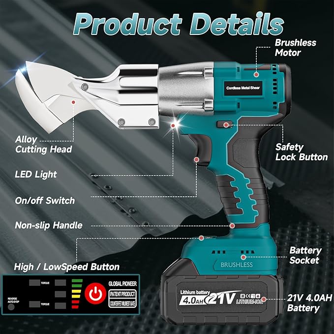 Cordless Sheet Metal Cutter, Metal Cutting Shears with 2×4.0Ah Battery, 360° Pivoting Head Brushless Variable Speed Electric Metal Shears Tool for Cutting Stainless Steel & Iron & Cardboard