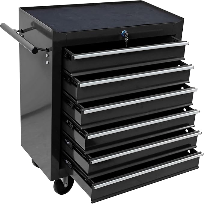 6-Drawer Rolling Tool Chest Cabinet, Large Capacity Metal Tool Box with Wheels and Keyed Locking, Roll Around Storage Organizer Tool Cart for Garage, Warehouse, Work Shop (Black03)