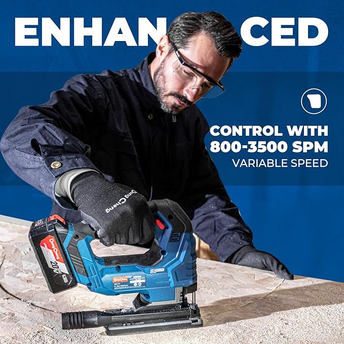 Dong Cheng 20V Brushless Jigsaw, 26mm Stroke, 800-3500 SPM, 0-45° Bevel, 6-Speed, Orbital Action, Dual LED, Dust Blower, with 4Ah Battery, Charger, 6 Blades, Guide Rail & Tool Bag