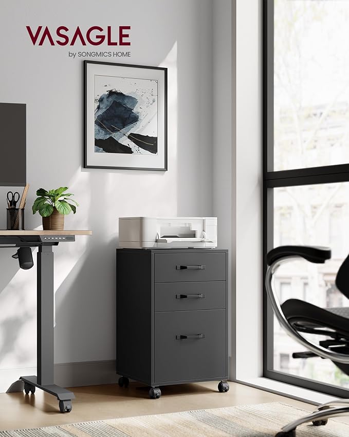 VASAGLE File Cabinet, 3 Drawers Filing Cabinet for Home Office, with Wheels, for A4, Letter Sized Documents, Hanging File Folders, Ink Black UOFC065B16