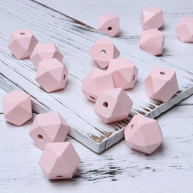 20mm Geometric Wood Beads Light Pink Polygon Wooden Loose Spacer Beads - Image 2