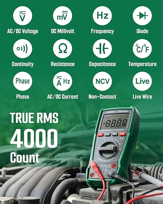 TESMEN TMM-569A Digital Multimeter, TRMS 4000 Counts Ohmmeter, Auto-Ranging Voltage Tester with NCV, Voltage & Current, Resistance, Continuity, Diode, Capacitance, Phase, Temperature, Live Wire -Green