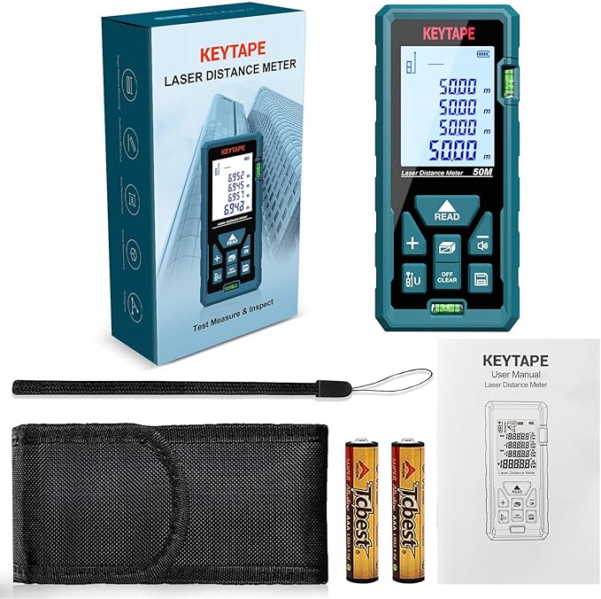 Distance Measuring Laser 165ft KEYTAPE Multifunction Measure Laser Ruler, Upgraded M/in/FT/FT+in Unit Switching Backlit LCD and Pythagorean Mode, DT50 Portable Handle Laser Distance Measurement Tool