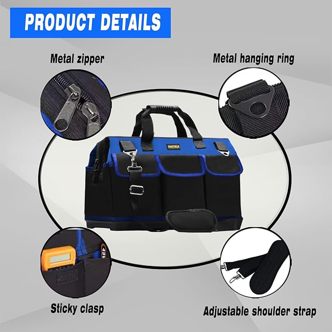 20 Inch Bottom Tools Bag With Wide Mouth For Tool Storage, Carrier and Organizer, Heavy Duty Tool Tote Bag for Men/Women, Wide Mouth Tool Bag With Inside Pockets (20 Inch)