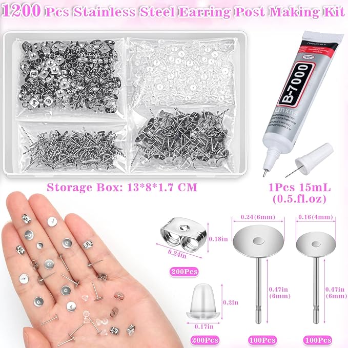 Anezus Jewelry Glue With 600pcs Stainless Steel Earring Posts and Backs - Image 3