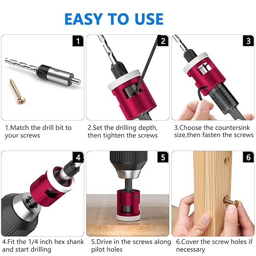 5-Piece Countersink Drill Bit Set with Adjustable Depth Stop, 1/4" Hex Shank Quick Change Drilling Tool Kit, 82° Woodworking Chamfer Bits for Wood, Plywood, MDF, Plastic