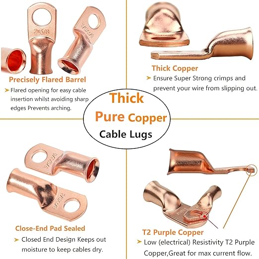 SVAAR 68pcs Battery Cable Lugs Kit 1/0 AWG 1 AWG 8 AWG Battery Cable Ends Heavy Duty Wire Lugs Copper Lugs with 3/8" & 5/16" Stud Closed End Tubular Ring Terminals Connectors with Heat Shrink Tube