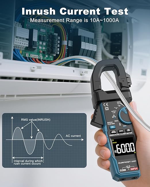 Clamp Meter DURFICST Digital Inrush Clamp Multimeter AC/DC 1000A 6000 Counts Amp Voltage Tester with VFD, LOZ Mode,Measures AC/DC Current Voltage NCV Temperature Resistance Capacitance Frequency