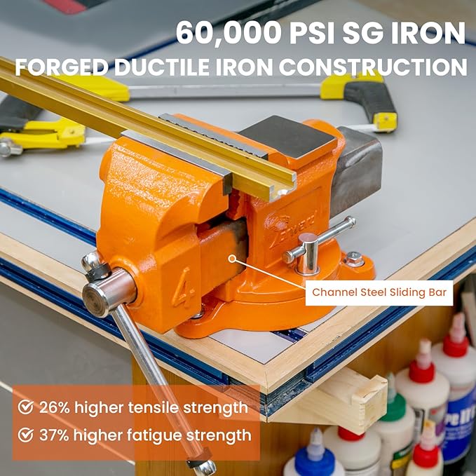 Forward Bench Vise 8 Inch Ductile Iron Bench Vice with 360 Degree Swivel Base and Channel Steel Guide Bar 30808 (8")