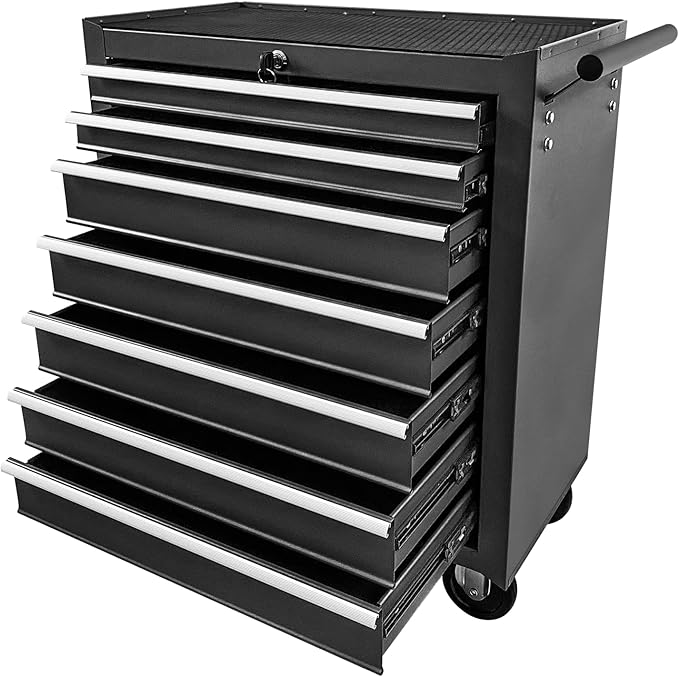 Rovibek 7-Drawer Rolling Tool Chest, Metal Rolling Tool Box with Lockable Drawers, Tool Box with Wheels for Garage, Warehouse, Workshop, Repair Shop, Large Capacity Tool Storage Cabinet (Black)