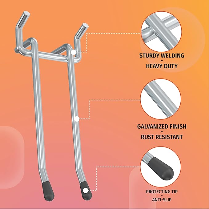 HUHOLE Double Arm Pegboard Hooks 4 Inch 10PC, Fit 1/4" Pegboard, Ideal Peg Board Tool Utility Hooks for Garage Organization, Wall Storage, Heavy Duty Tool Holder with Protecting Tip