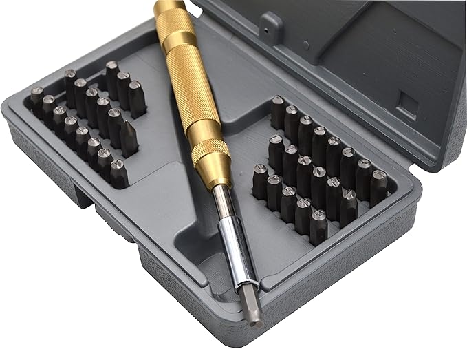 WKSTOOL 27pc Steel Stamp 1/8 3mm Heavy Duty Uppercase Letter Number Symbols with Spring Punches Hand Stamping Character Code Alphabet Marking Set for Mold Metal Jewelry Crypto Plate Leather