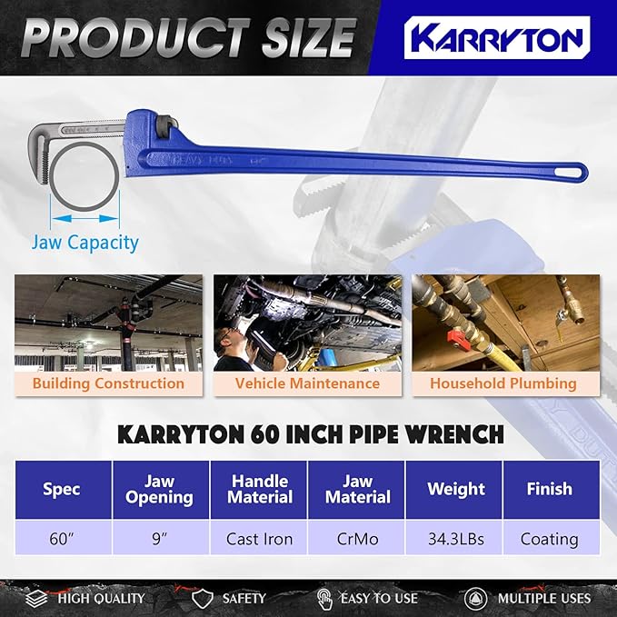 60 Inch Pipe Wrench, Cr-Mo Jaw Opening 9"/228mm Adjustable Heavy Duty Cast Iron Straight Handle Plumbing Wrench, Perfect Plumbers Tool for Oil Field, Plumbing, Construction and Mechanics