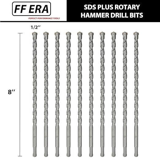 10-Pack SDS Plus 1/2 inch x 8 inch Rotary Hammer Drill Bits, Carbide Tipped for Brick, Stone and Concrete (1/2'' x 8'')