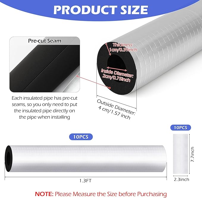 10 Pack Self-Adhesive Pipe Insulation Sleeve, Pre-Slit Foam Tube with Aluminum Foil Cover for Winter, Spigot, Sprinkler, Water Heater Pipes, Scratch-Proof and Non-Corrosive (Silver, 1.3 Ft x3/4 Inch)