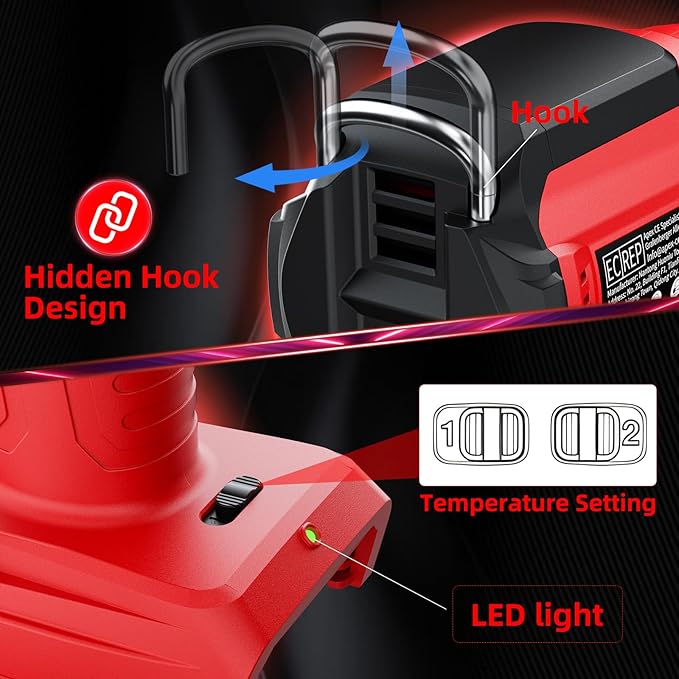 Cordless Heat Gun for Milwaukee 18V Battery, 350W 1022°F (550°C) Soldering Heat Gun, Variable Temperature Control Hot Air Gun Kit with 4 Nozzles and Scraper, for Shrink Tubing, PVC Wrap(NO Battery)