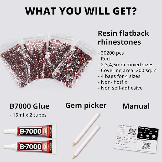 30200Pcs Red Rhinestones for Bedazzling, Siam Mixed Sized 2-5mm Flatback Gems - Image 2