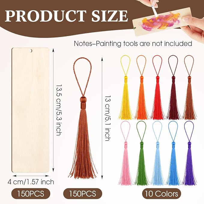 Yexiya 300 Pcs Bookmark Making Kit, 150 Unfinished Wood Bookmarks - Image 3