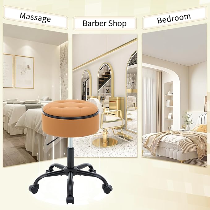 Vanity Stool with Wheels (Chair & Small Table in One) (Adjustable Height Stool 20.67"-24.61"), Caramel Brown Rolling Chair with Storage