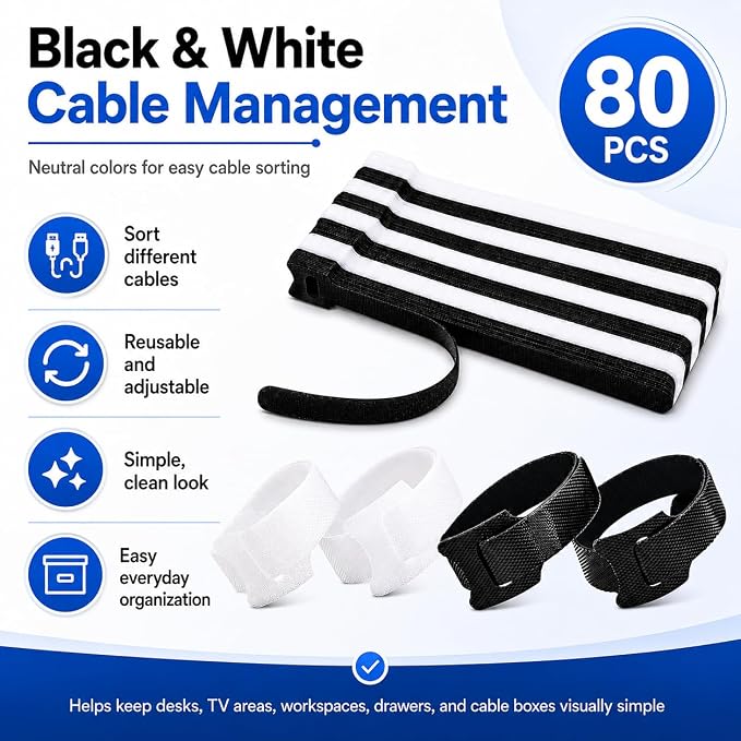 80pcs 8 Inch Cable Ties Reusable Black and White Hook and Loop Cord Ties - Image 2