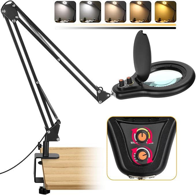 10X Large Magnifying Glass with Light and Stand, 2200 Lumens Stepless Dimmable Lighted Magnifier, Real Glass Lens Desk Lamp, Adjustable Swing Arm Clamp Light Hands Free for Craft Close Work