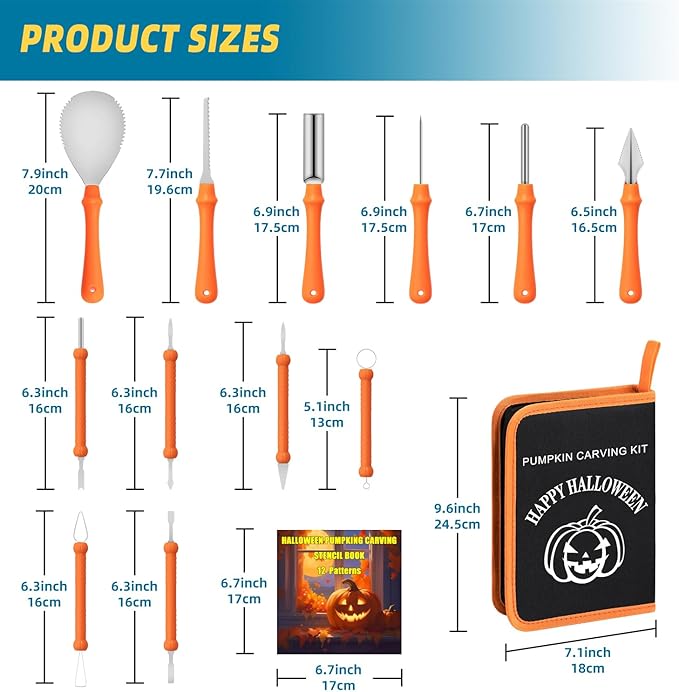 inin 12PCS Halloween Pumpkin Carving Kit with 12 Stencils & Hand Bag,Stainless Steel Pumpkin Carving Tools,Professional Pumpkin Decorating Set,Halloween Decorations for Kids & Adluts.