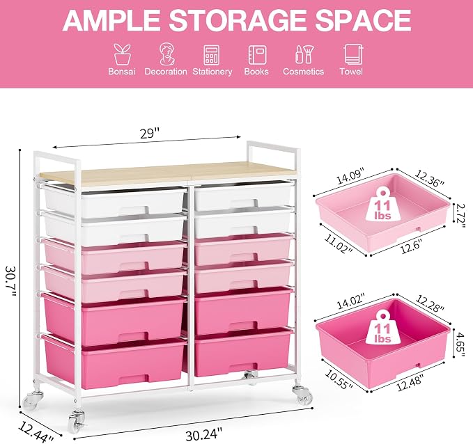 Rolling Storage Cart with 12 Drawers, Wooden Tabletop Utility Cart - Image 3