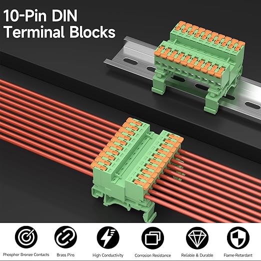 2Pcs DIN Rail Terminal Blocks, 10P Lever Wire Connectors for AWG 24-12, 300V 15A, 40Pcs Wire Ferrules Terminals & 4.72 Inch DIN Rail Included,CE