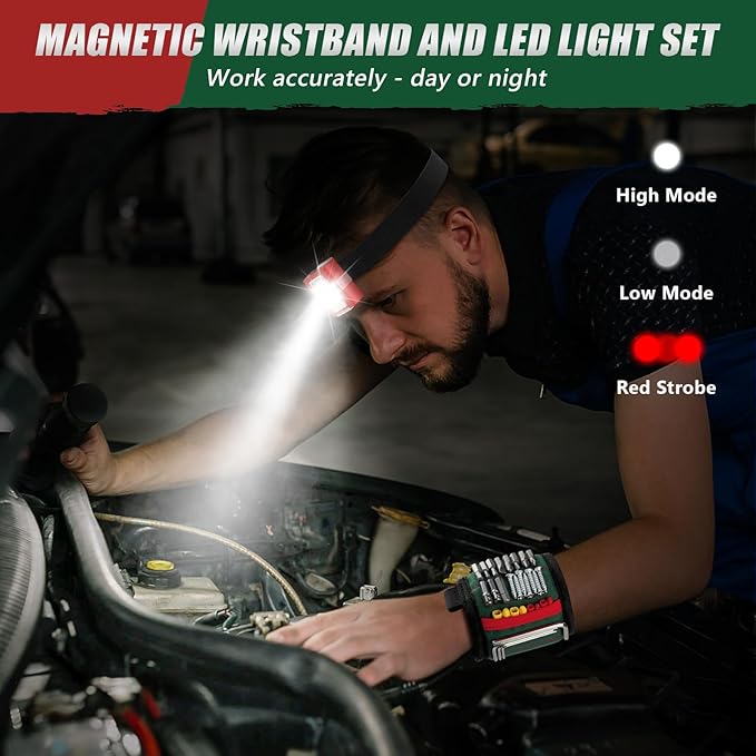 Magnetic Wristband for Tools, Tool Belt Wrist Band with LED Light, 15 Powerful Magnet, Adjustable Wrist Screws Holder, Birthday Gift for Men, Him, Dad, Fathers Day, Mechanics, Woodworker, Handyman