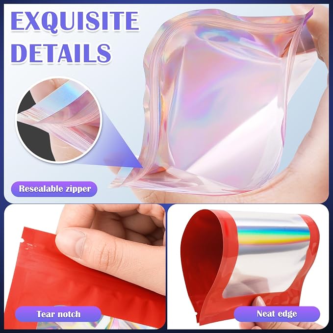 JETMORE 300 Pcs Mylar Bags, Smell Proof Bags Foil Pouch, Holographic Resealable - Image 5