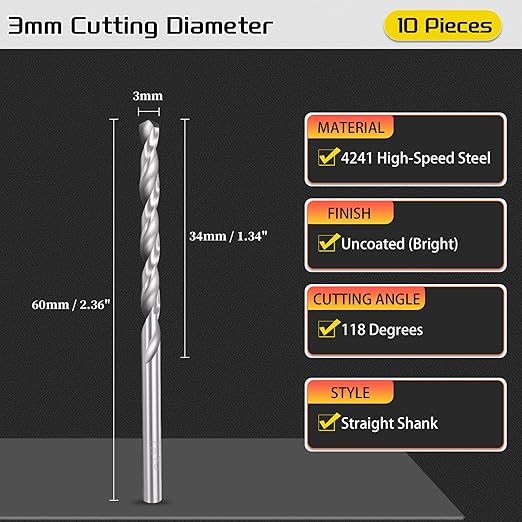 Drill Bit, 3mm Cutting Diameter, 4241 HSS 118° Cutting Angle Uncoated Bright Versatile Jobber Bits - (Applications: for Drilling Plastic Wood Soft Metal), 10-Pieces
