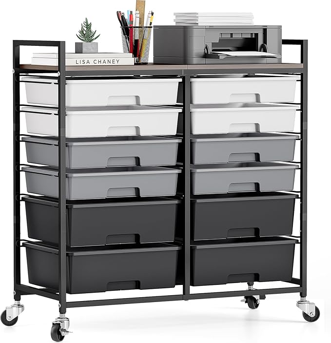 Rolling Storage Cart with 12 Drawers, Wooden Tabletop Utility Cart by TOOLF