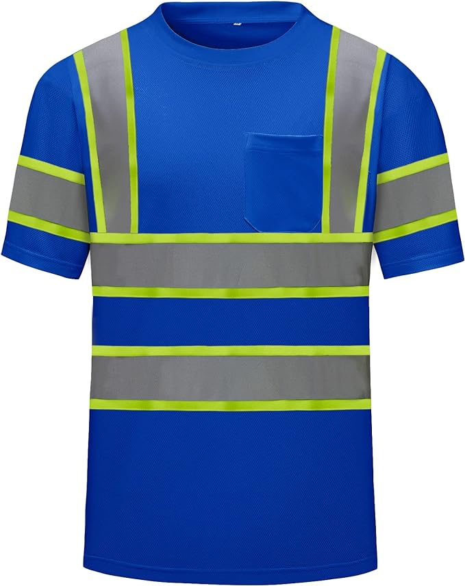 High Visibility Shirts Quick Dry Safety T Shirts with Reflective Strips and Pocket Short Sleeve Mesh Hi Vis Construction Work Class 2 Shirt for Men/Women Blue,Medium
