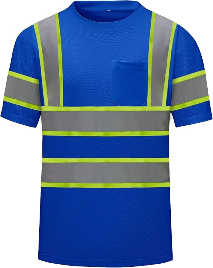 High Visibility Shirts Quick Dry Safety T Shirts with Reflective Strips and Pocket Short Sleeve Mesh Hi Vis Construction Work Class 2 Shirt for Men/Women Blue,2XL