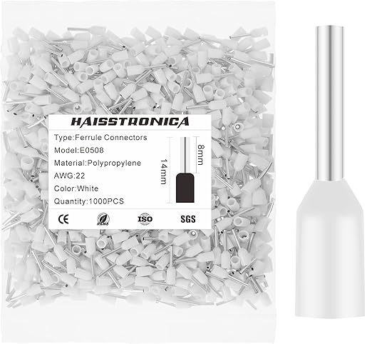 haisstronica 1000PCS Wire Ferrules Connectors,White AWG22 Wire End Ferrule Terminals,Crimp Pin Cord End Terminals