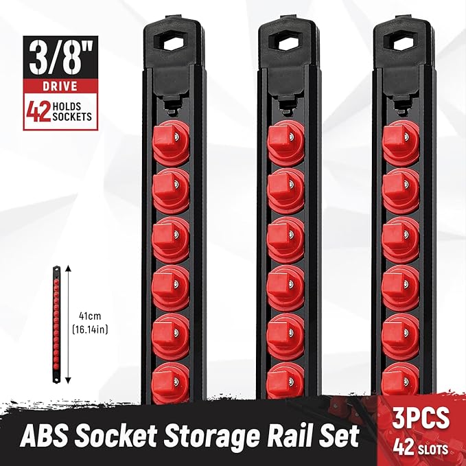 Magnetic Socket Organizer, 3-Piece Heavty Duty ABS Socket Holder, Socket Rail for Tool Box, Premium Quality 360° Swivel Socket Rack with 42 Clips for 3/8-Inch(Red)