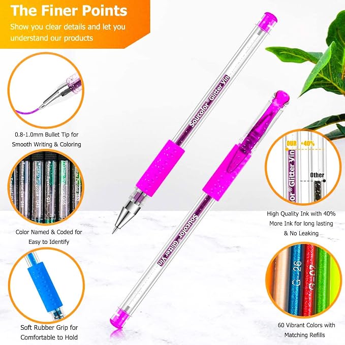 Soucolor 120 Pack Gel Pen 60 Glitter & 60 Refillss - Image 3