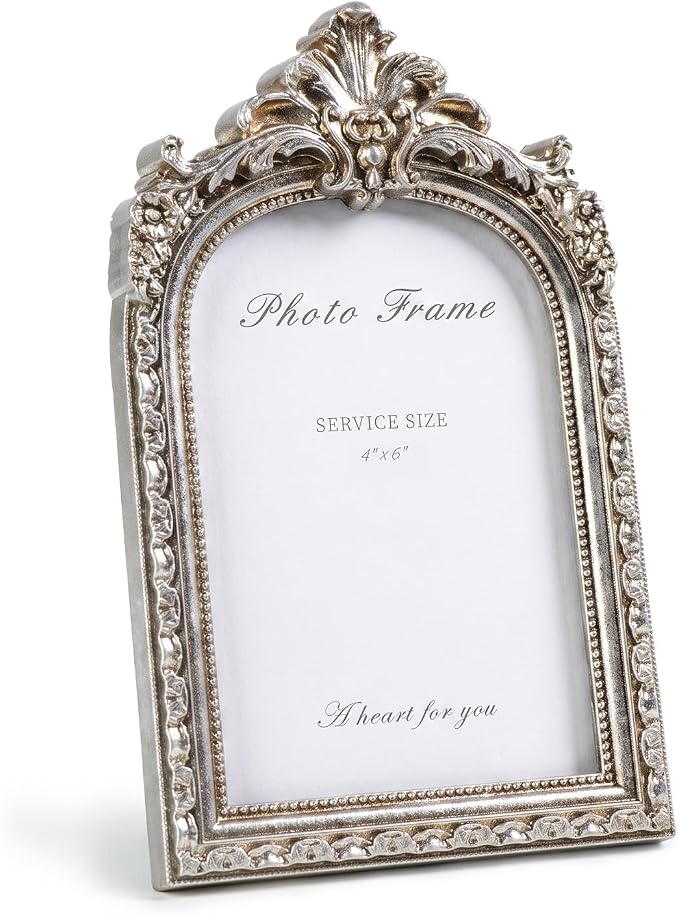 Cuspin 4x6 Vintage Silver Picture Frame, Ornate Arched Resin Photo Frame - Image 9